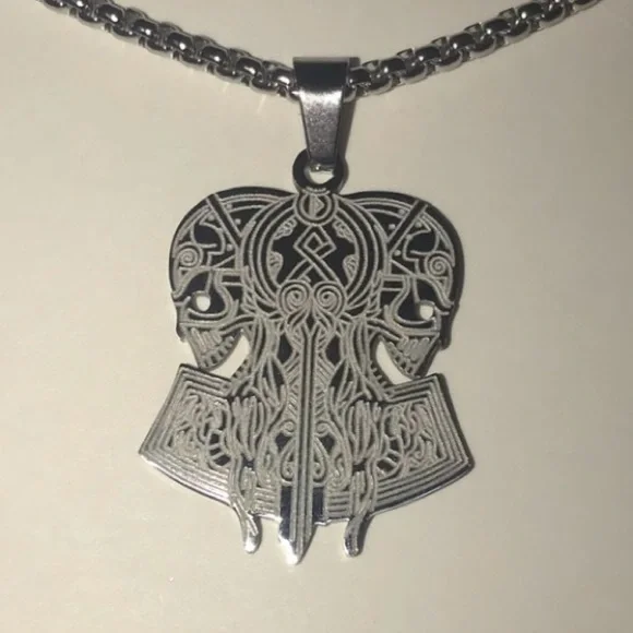 “Opposing Tribal Skulls” Native American Aztec Celtic Nordic Conjoined Necklace - Picture 10 of 13
